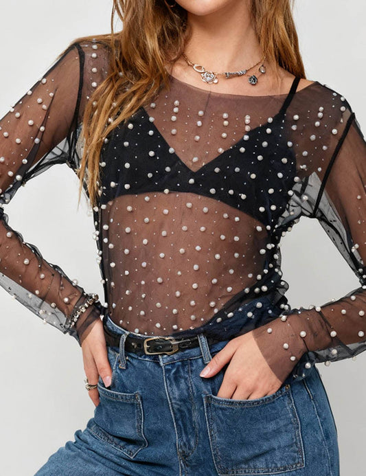 Pearl Rhinestone Studded Mesh Crop Top Black