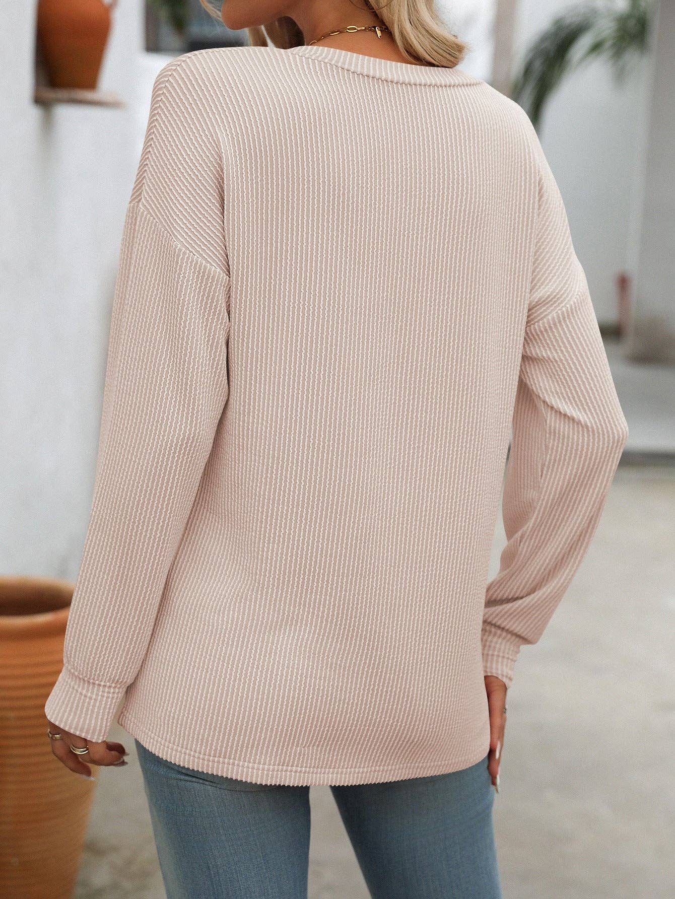 V-Neck Ribbed Knit Long Sleeve Top