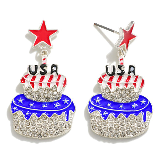 USA Cake Earrings with Rhinestones