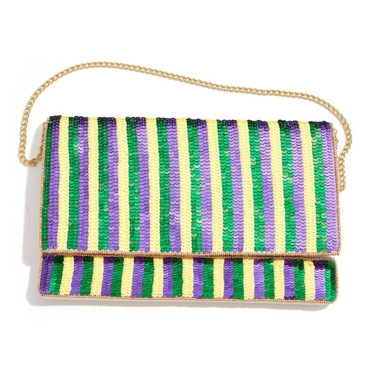 Mardi Gras Stripe Sequin Crossbody Handbag