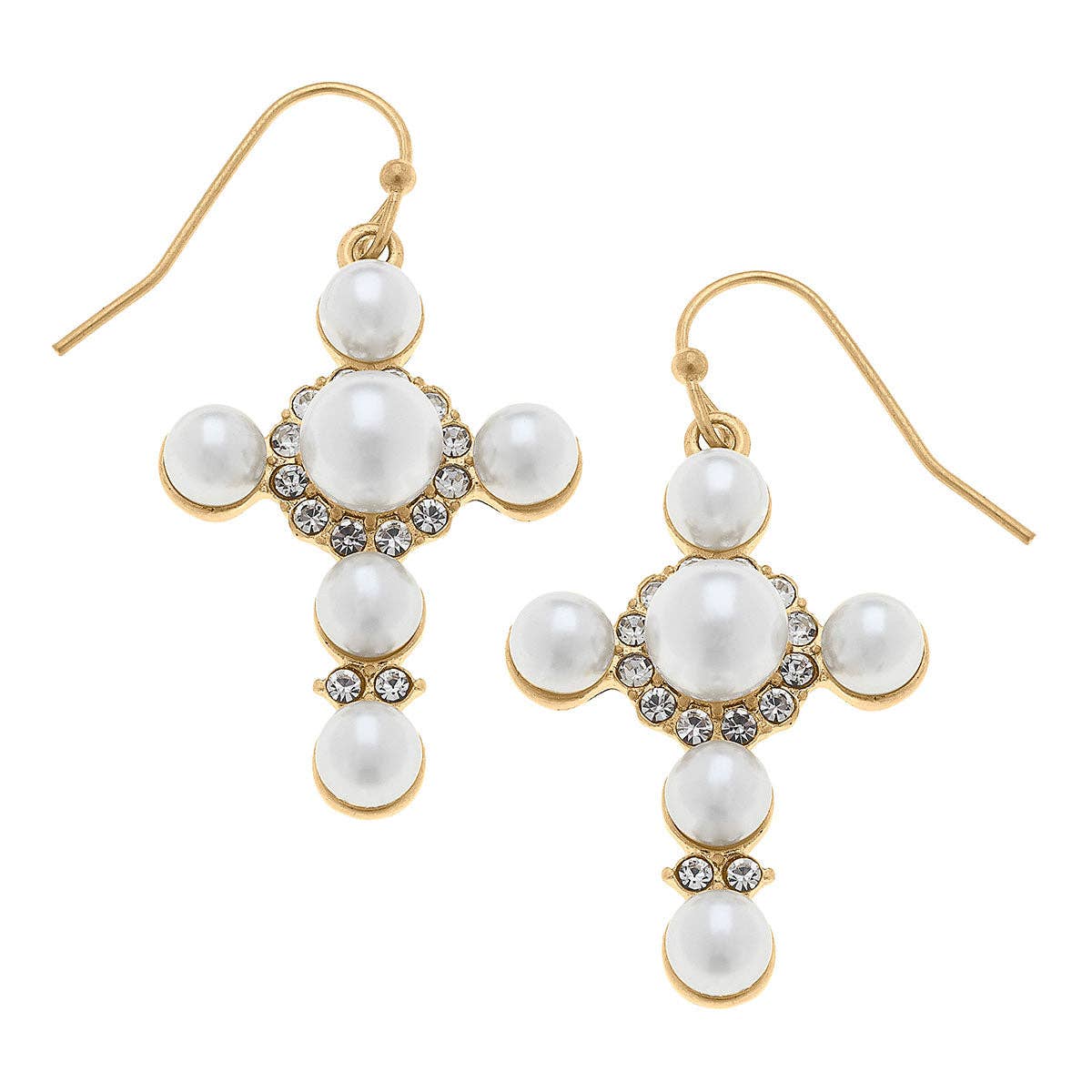 Frances Pearl & Rhinestone Cross Earrings in Ivory