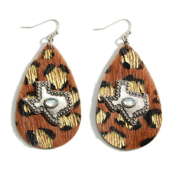 Leather Leopard Print Earrings Featuring State of Texas Accent