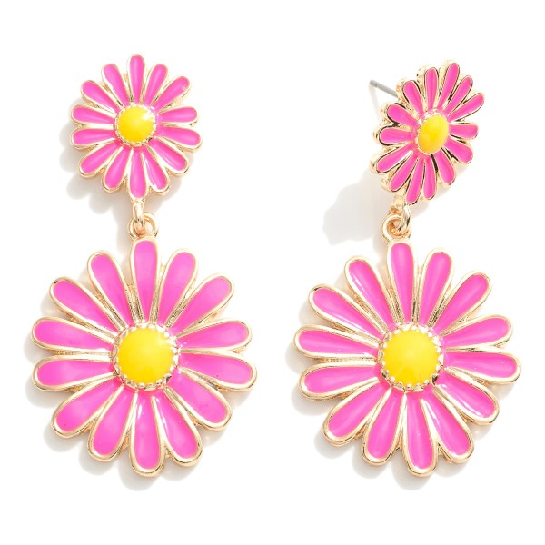 Linked Enamel Daisy Flower Drop Earrings