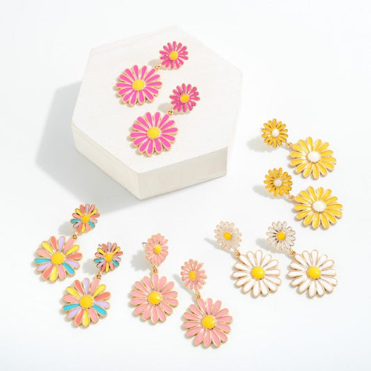 Linked Enamel Daisy Flower Drop Earrings