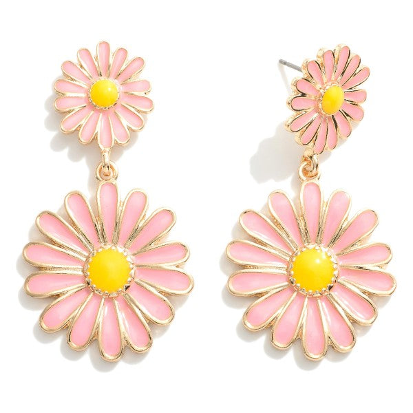 Linked Enamel Daisy Flower Drop Earrings