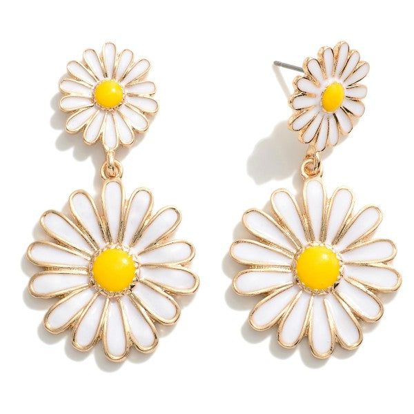 Linked Enamel Daisy Flower Drop Earrings