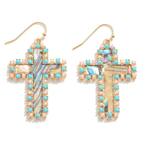 Iridescent Cross Drop Earrings With Pearl and Beaded Border Accent