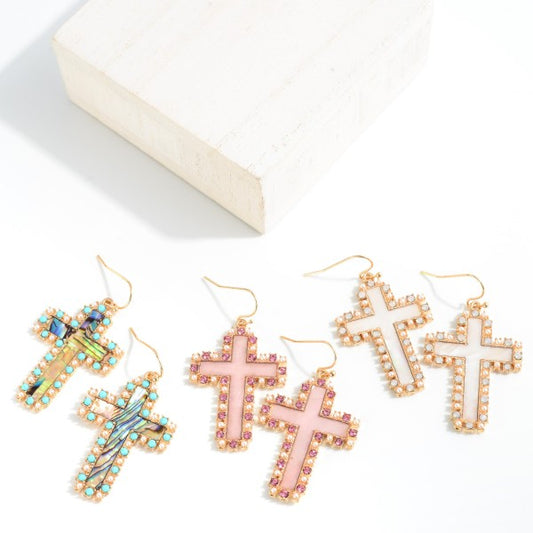 Iridescent Cross Drop Earrings With Pearl and Beaded Border Accent