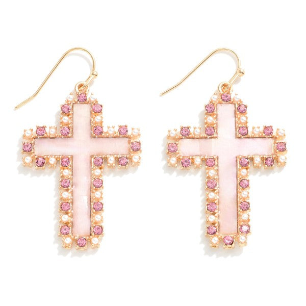 Iridescent Cross Drop Earrings With Pearl and Beaded Border Accent