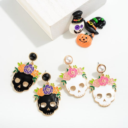 Flower Accented Halloween Skull Drop Earrings