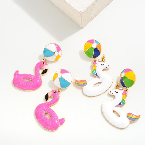 Enamel and Glitter Coated Pool Float and Beach Ball Drop Earrings