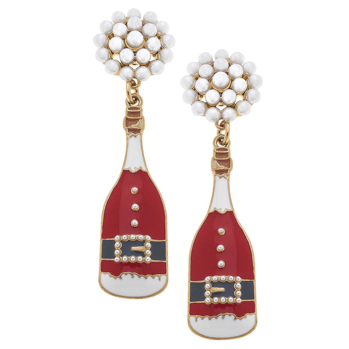 Pearl Cluster Santa Champagne Bottle Enamel Earrings