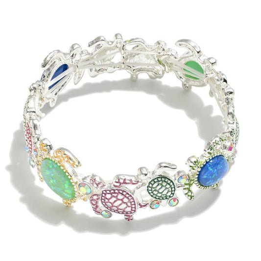 Charm Stretch Bracelet Featuring Sea Turtles & Glitter Inlay