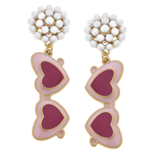 Valentine's Heart Sunglasses Pearl Cluster Enamel Earrings