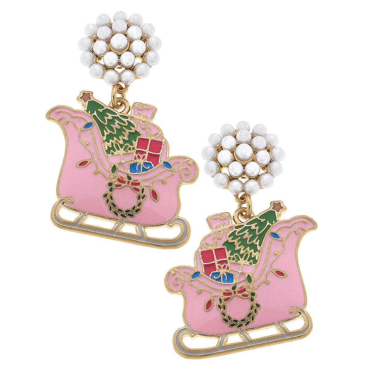 Pearl Cluster Christmas Sleigh Enamel Earrings