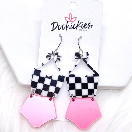 Pink Checkered Tankini Acrylic Earrings