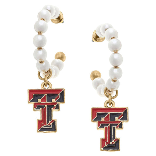 Texas Tech Red Raiders Pearl Hoop Enamel Drop Earrings