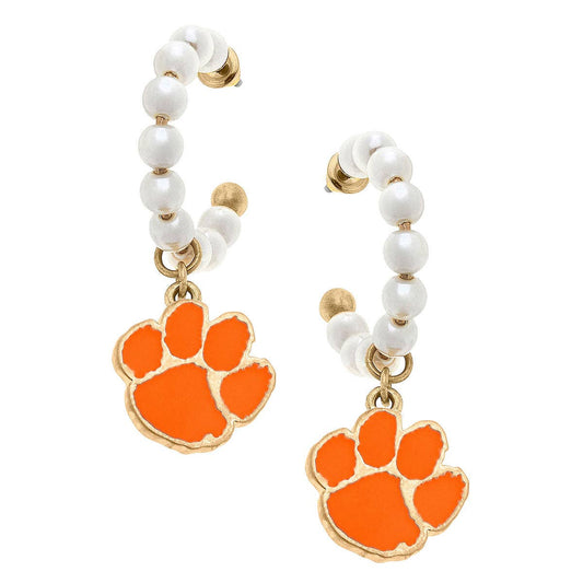 Clemson Tigers Pearl Hoop Enamel Drop Earrings
