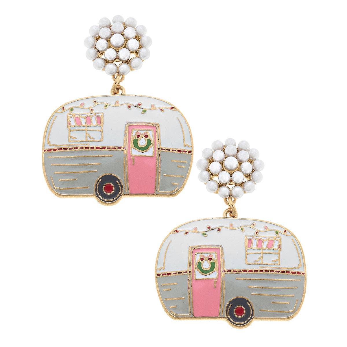 Pearl Cluster Festive Vintage Airstream Enamel Earrings