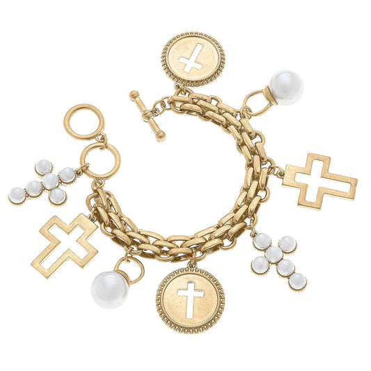 Heaven Cross Charm Bracelet in Worn Gold