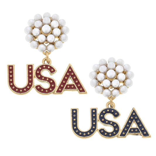 USA Pearl Cluster Enamel Earrings