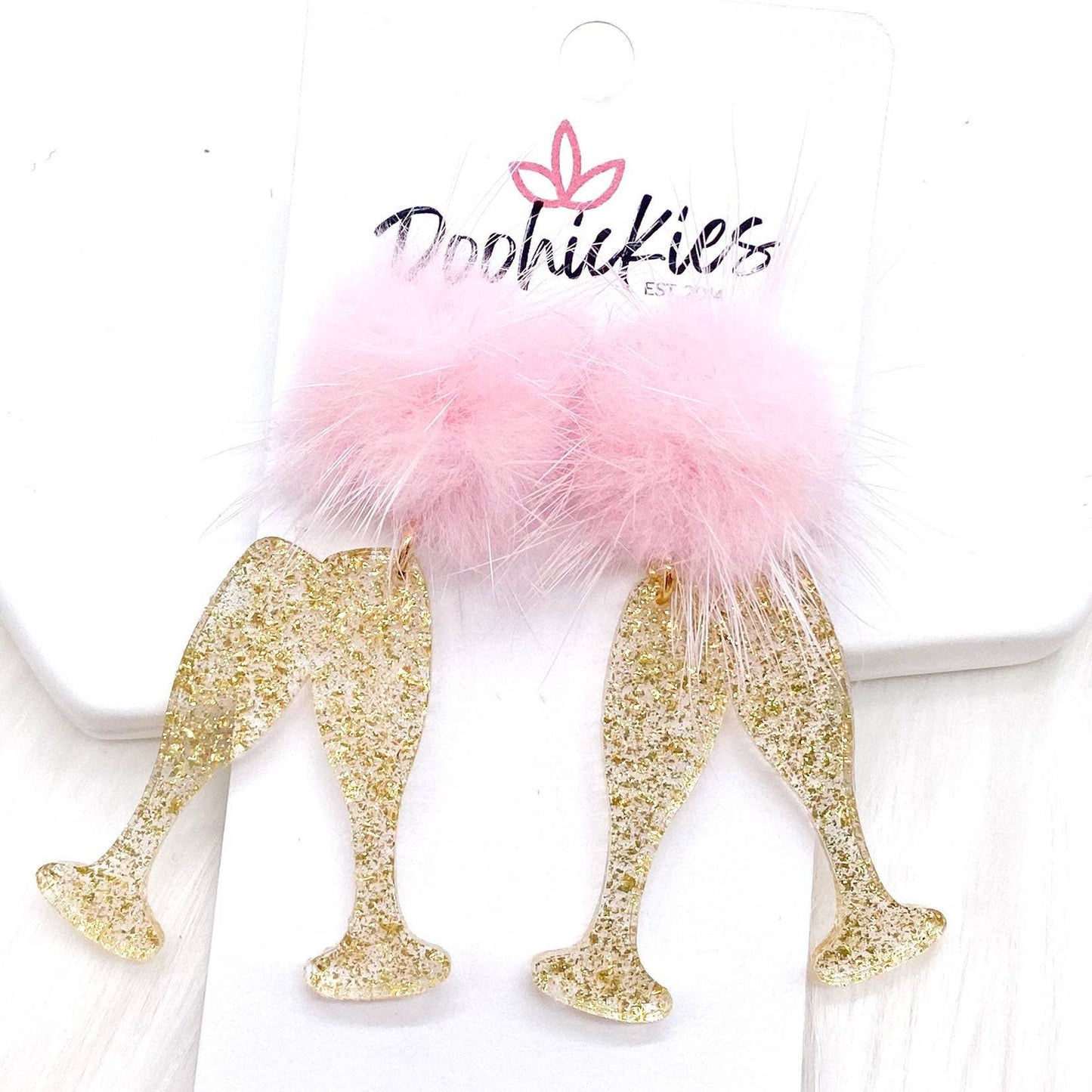 Pink Puff & Gold Champagne Glass Earrings