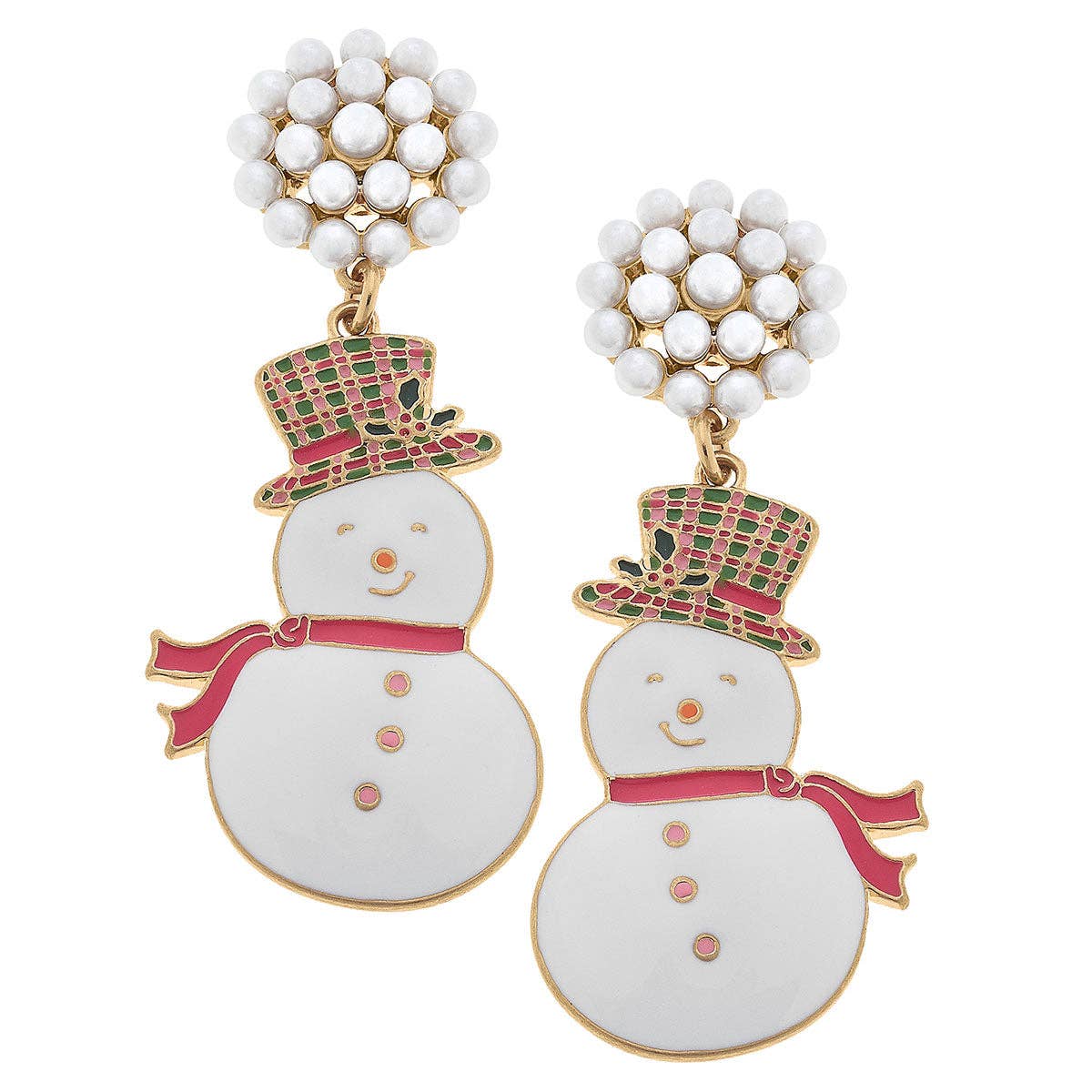 Pearl Cluster Snowman Enamel Earrings