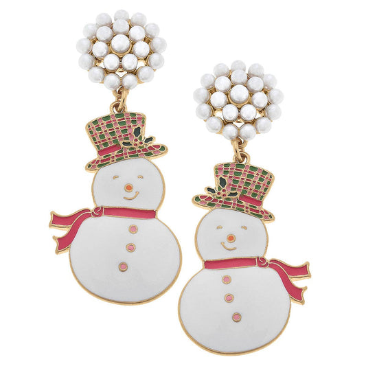 Pearl Cluster Snowman Enamel Earrings