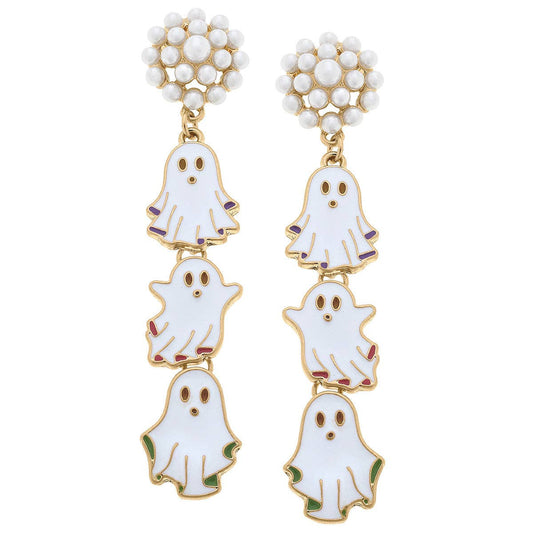 Pearl Cluster Halloween Enamel Triple Ghost Earrings