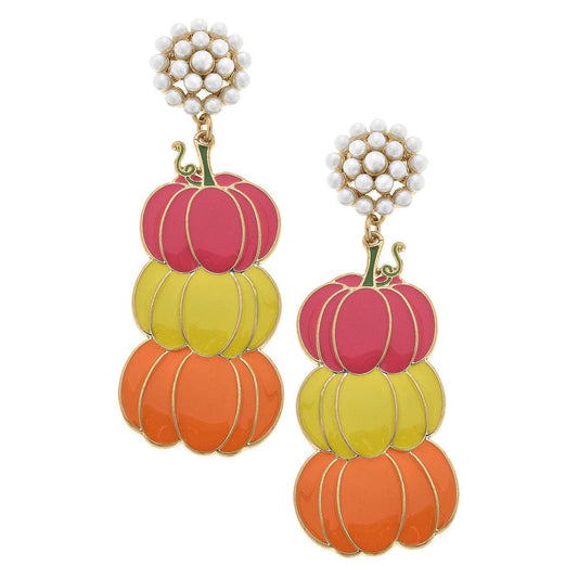 Halloween Pearl Cluster Enamel Stacked Pumpkins Earrings