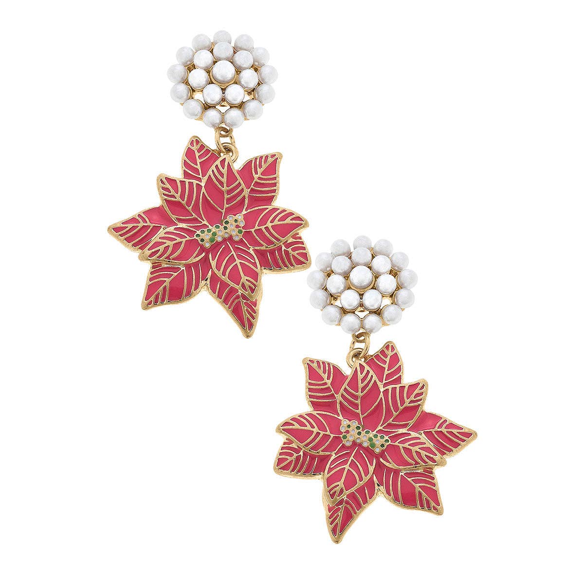 Pearl Cluster Poinsettia Enamel Earrings