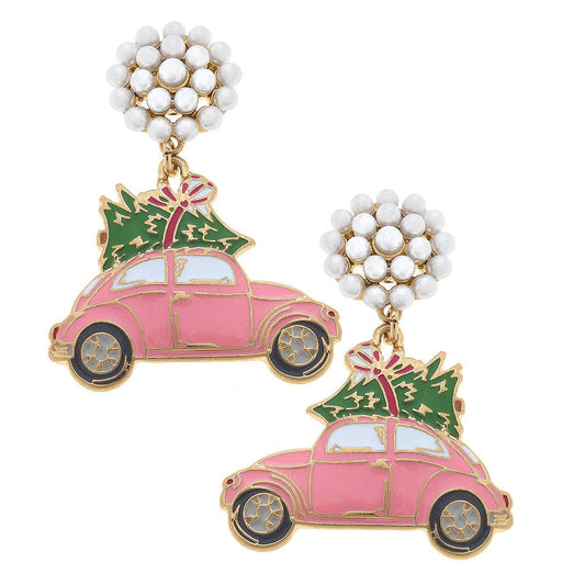 Pearl Cluster Volkswagen with Christmas Tree Enamel Earrings