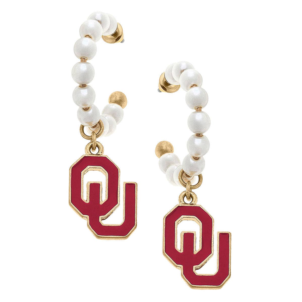 Oklahoma Sooners Pearl Hoop Enamel Drop Earrings