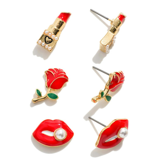 Set of Three Earrings Lips, Roses & Lipstick