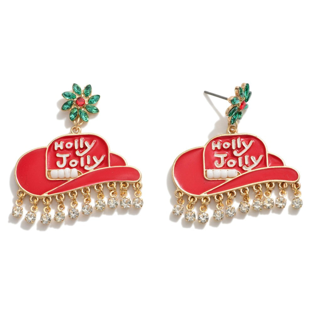 Enamel Holly Jolly Cowboy Hat With Rhinestone Tassels