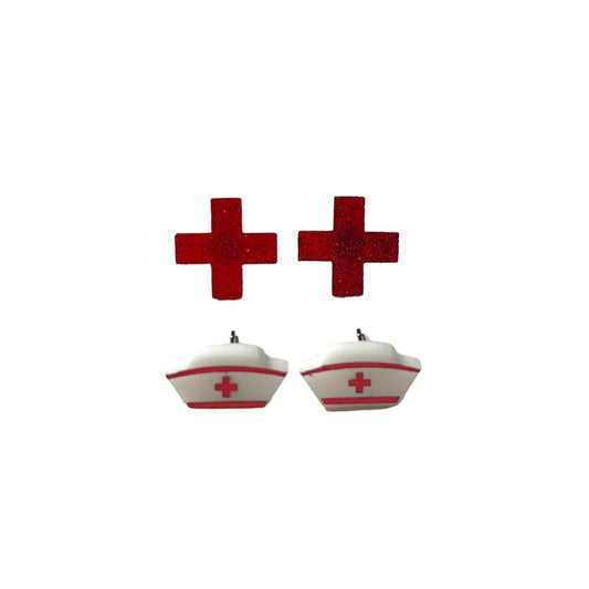 Nurse’s Cap & Glitter Cross Stud Earrings