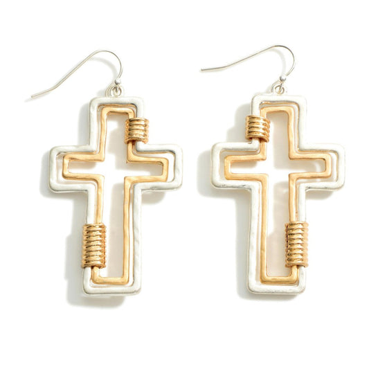 Cross Drop Earrings Featuring Cuff Accents Silver