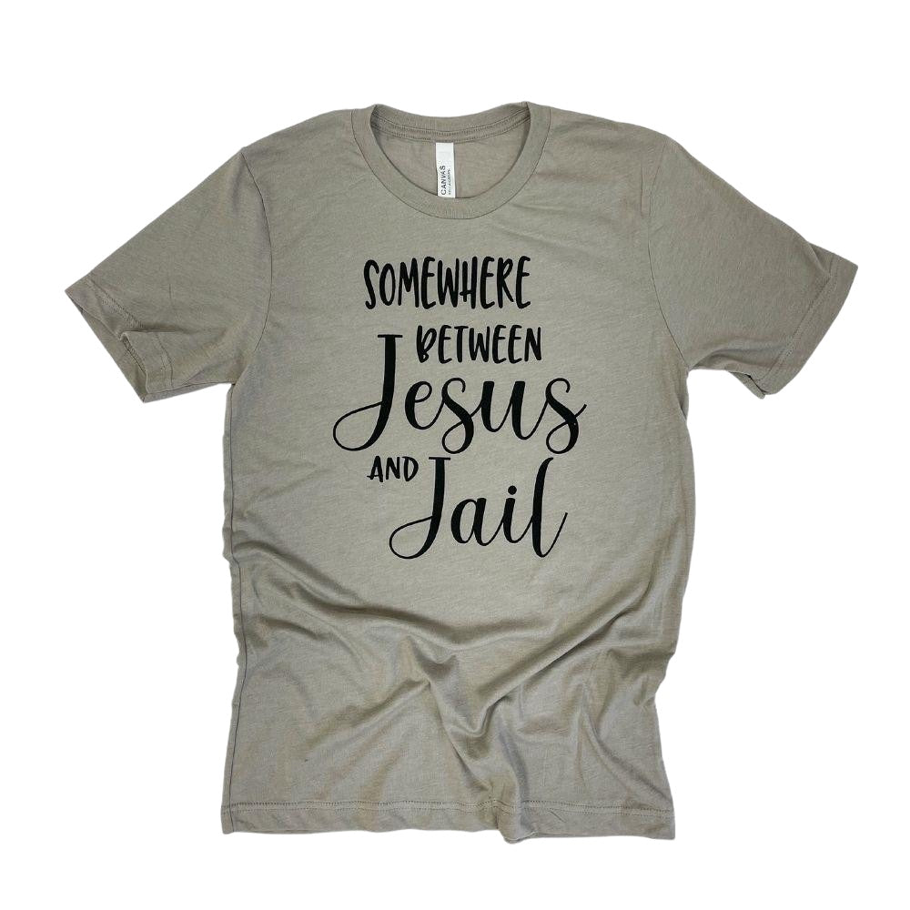 “Somewhere Between Jesus and Jail” Tee – Blueberry Kisss
