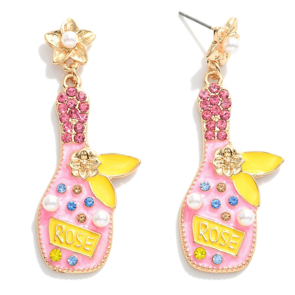 Enamel & Rhinestone Rose Bottle Earrings