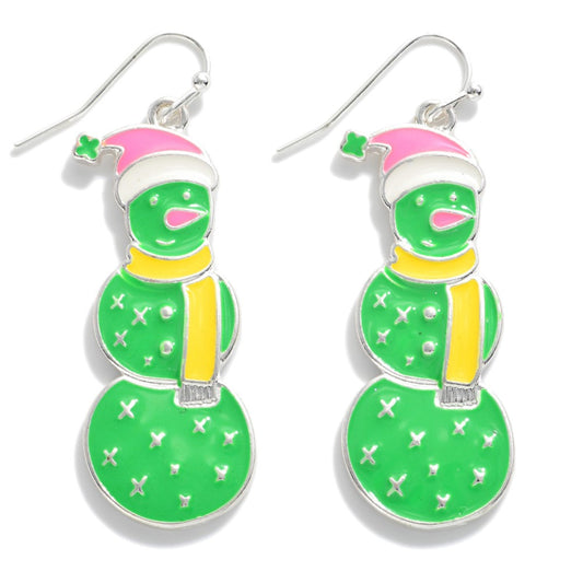 Green Enamel Snowman Earrings