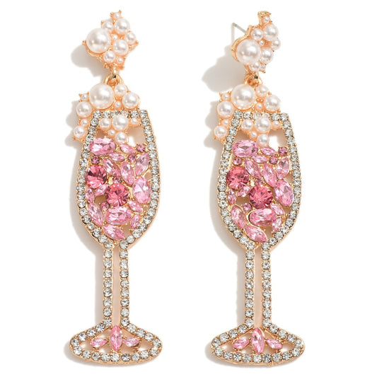 Rhinestone & Pearl Encrusted Champagne Glass Earrings