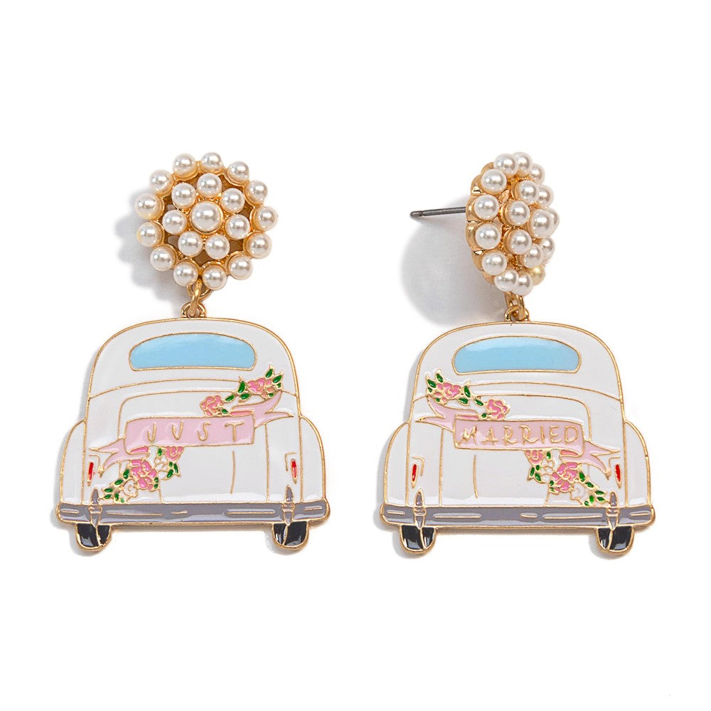 Just Married Getaway Car & Pearl Cluster Earrings