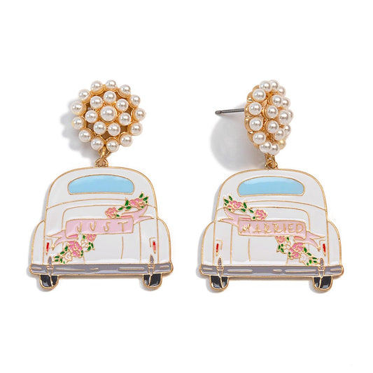 Just Married Getaway Car & Pearl Cluster Earrings