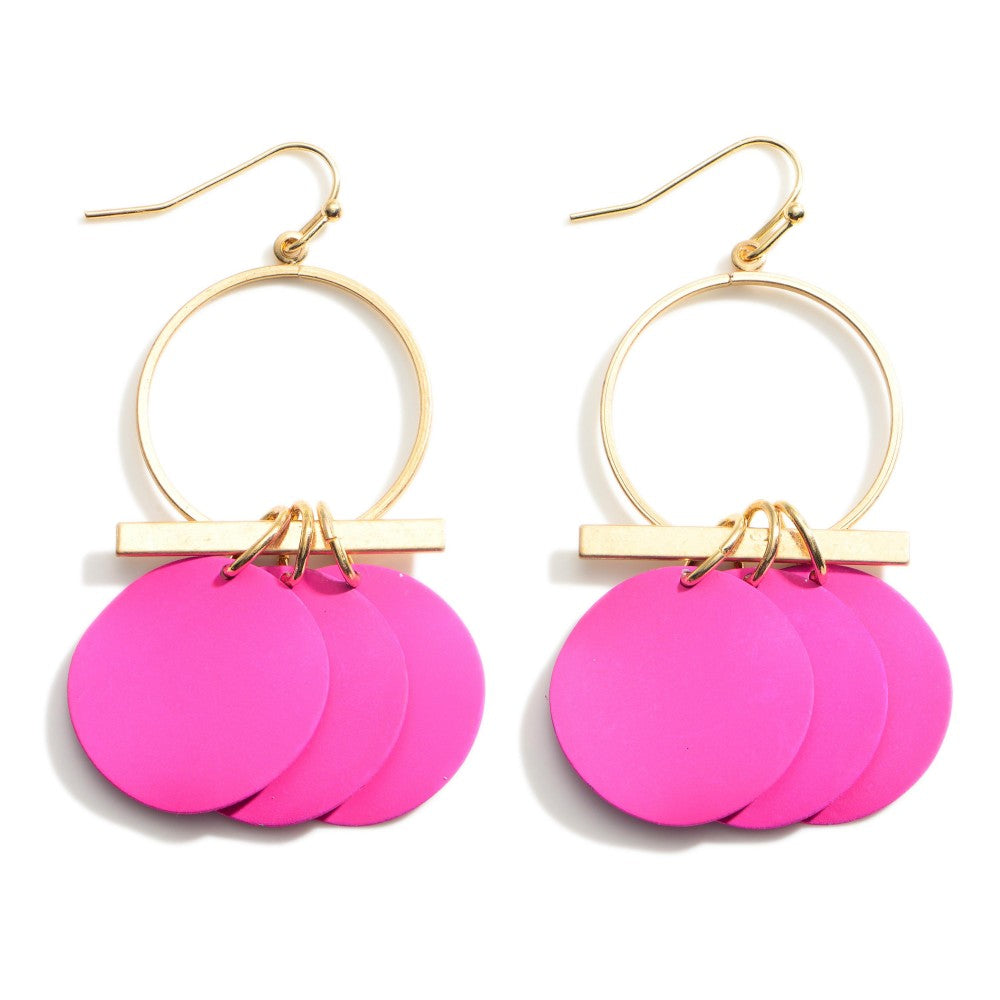 Gold Earrings with Fuchsia Disks