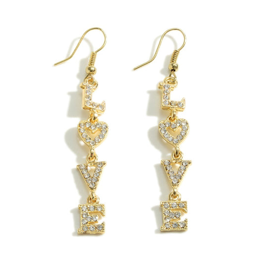 Gold Rhinestone “Love” Drop Earrings