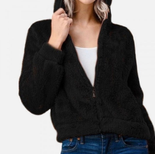 Black Hooded Sherpa Jacket With Pockets