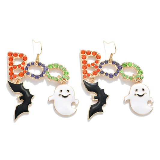 Halloween Boo With Bat & Ghost Earrings