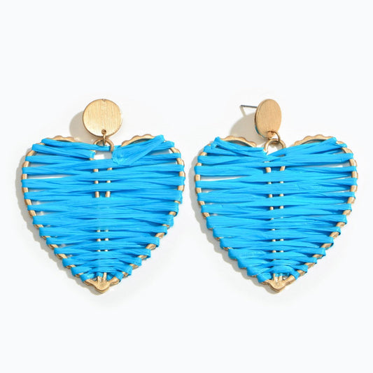 Blue Raffia Wrapped Heart Earrings
