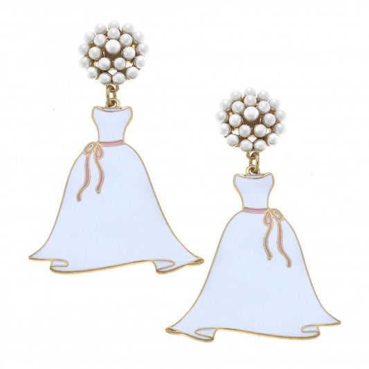 Enamel Wedding Dress & Pearl Cluster Earrings