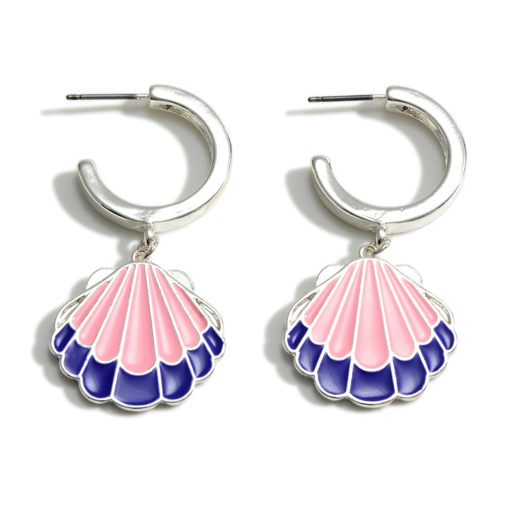 Silver Hoop Earrings with Enameled Seashell Charm